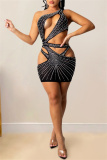 Sleeveless Hot Drilling Backless Hollowed Out Party Wear Vacation Bodycon Mini Dresses
