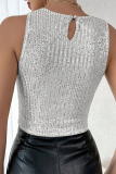 Sexy Solid Sequins Sequined O Neck Tops