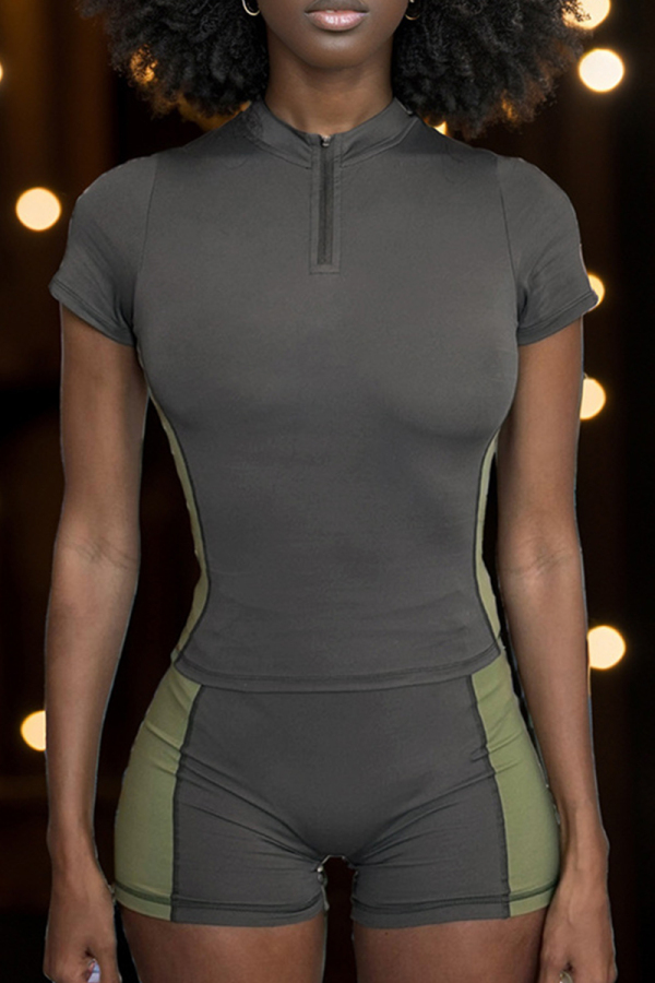 Street Patchwork Zipper O Neck Short Sleeve Two Pieces