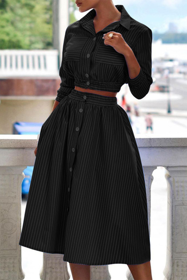 Elegant Striped Buckle Turndown Collar Long Sleeve Two Pieces