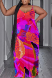 Sexy Casual Print Backless Spaghetti Strap Long Plus Size Dresses