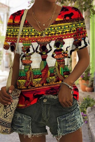 Casual Print Basic V Neck T-Shirts