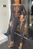 Black O Neck Long Sleeve Mesh Cut-Out Clubwear Skinny Party Jumpsuit