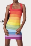 Rainbow Striped Sexy Gradient Backless Sleeveless U Neck Bodycorn Wrapped Skirt Dresses