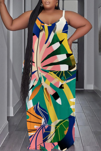 Sexy Casual Print Backless Spaghetti Strap Long Plus Size Dresses