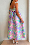 Sleeveless Sweet Floral Print Frenulum Vacation Maxi Slip Satin Dresses