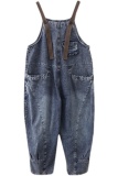 Casual Patchwork Pocket Spaghetti Strap Sleeveless Regular Denim Jumpsuit