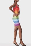 Rainbow Striped Sexy Gradient Backless Sleeveless U Neck Bodycorn Wrapped Skirt Dresses