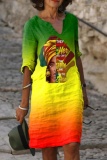 Casual Print Basic V Neck One Step Skirt Dresses
