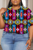 Casual Print Basic O Neck Plus Size Tops