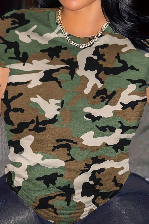 Casual Camouflage Print Basic O Neck T-Shirts