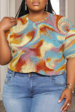 Casual Print Basic O Neck Plus Size Tops