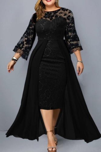 Casual Solid Patchwork See-through O Neck Long Sleeve Plus Size Dresses