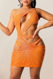 Sleeveless Hot Drilling Backless Hollowed Out Party Wear Vacation Bodycon Mini Dresses