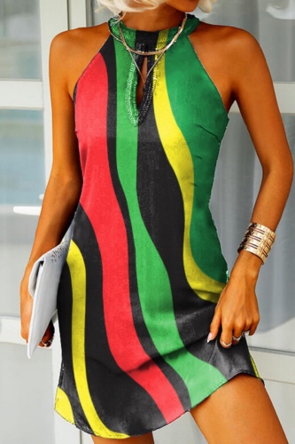 Rainbow Casual Halter Sleeveless Hollowed Out Midi Dress