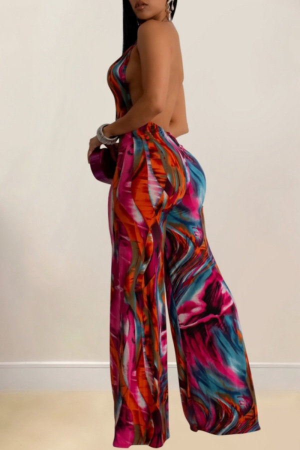 Sexy Casual Print Backless Regular Jumpsuits
