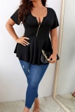 Casual Solid Patchwork Zipper O Neck Plus Size Tops