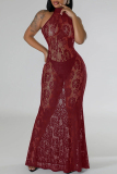 Lace Sleeveless Halter See-Through Vacation Bodycon Maxi Dress