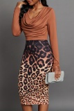 Casual Print Leopard Patchwork V Neck Long Sleeve Dresses