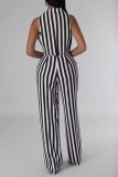 Casual Striped Print Patchwork Turndown Collar Sleeveless Two Pieces