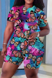 Casual Print Basic O Neck Plus Size Two Pieces