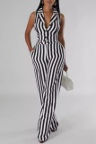Casual Striped Print Patchwork Turndown Collar Sleeveless Two Pieces