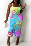 Tropical Print Sleeveless Backless Casual Vacation Bodycon Cami Maxi Dress