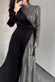 Elegant Color Block Sequins Frenulum Contrast Half A Turtleneck A Line Dresses