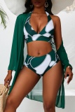 Sexy Print Bandage See-through Swimsuit Three Piece Set (With Paddings)