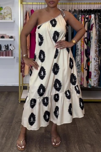 Casual Print Bandage Backless Oblique Collar Long Dresses