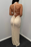 Sexy Solid Backless Strap Design Halter One Step Skirt Dresses