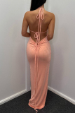 Sexy Solid Backless Strap Design Halter One Step Skirt Dresses