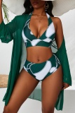 Sexy Print Bandage See-through Swimsuit Three Piece Set (With Paddings)