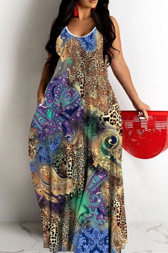 Sexy Casual Print Backless Spaghetti Strap Long Dresses
