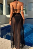 Sexy Solid Bandage See-through Backless Slit Swimsuit Three Piece Set (With Paddings)