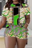 Casual Print Basic O Neck Plus Size Two Pieces