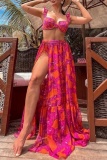 Sexy Print Backless Slit Swimsuit Three Piece Set (With Paddings)