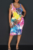 Tropical Print Sleeveless Backless Casual Vacation Bodycon Vest Dresses