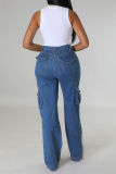 Street Solid Ripped Patchwork Pocket Buttons Zipper High Waist Straight Denim Jeans
