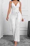 Sexy Casual Patchwork Sequins Backless Spaghetti Strap Skinny Jumpsuits