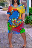 Casual Print Patchwork Basic V Neck Short Sleeve Short Sleeve Dress