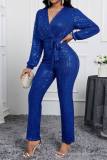Casual Patchwork Sequins V Neck Skinny Jumpsuits