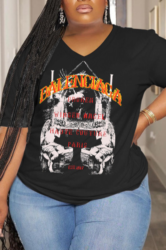 Casual Print Basic O Neck Plus Size Tops