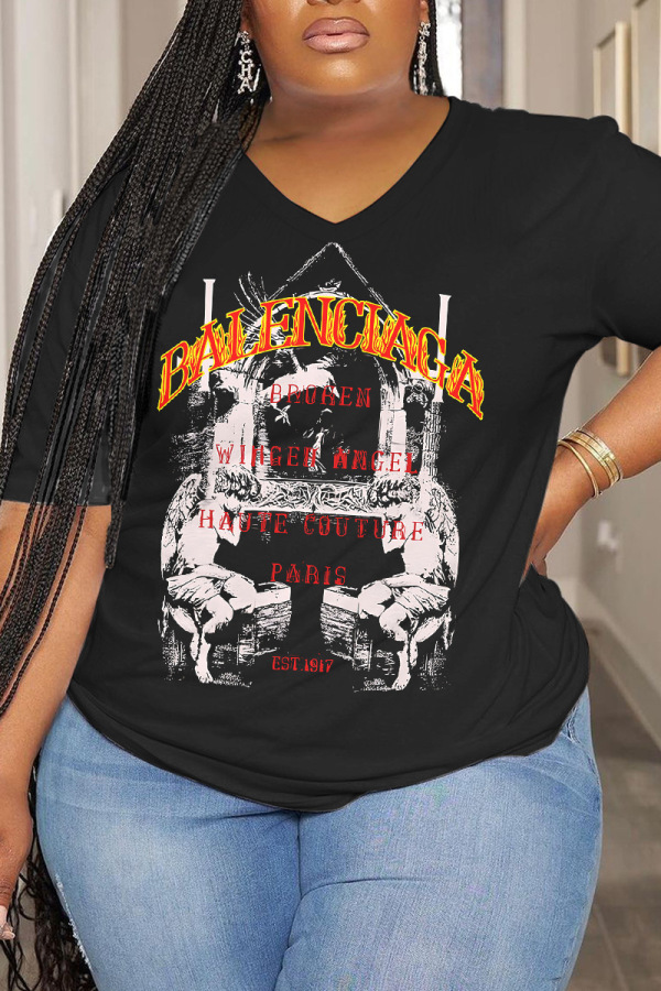 Casual Print Basic O Neck Plus Size Tops