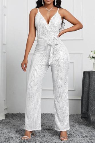 Sexy Casual Patchwork Sequins Backless Spaghetti Strap Skinny Jumpsuits