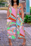 Casual Print Backless Spaghetti Strap Plus Size Jumpsuits