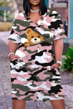 Casual Print Patchwork Basic V Neck Short Sleeve Short Sleeve Dress