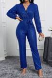 Casual Patchwork Sequins V Neck Skinny Jumpsuits