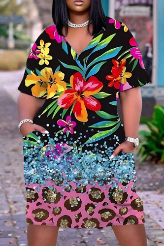 Casual Print Patchwork Basic V Neck Short Sleeve Short Sleeve Dress