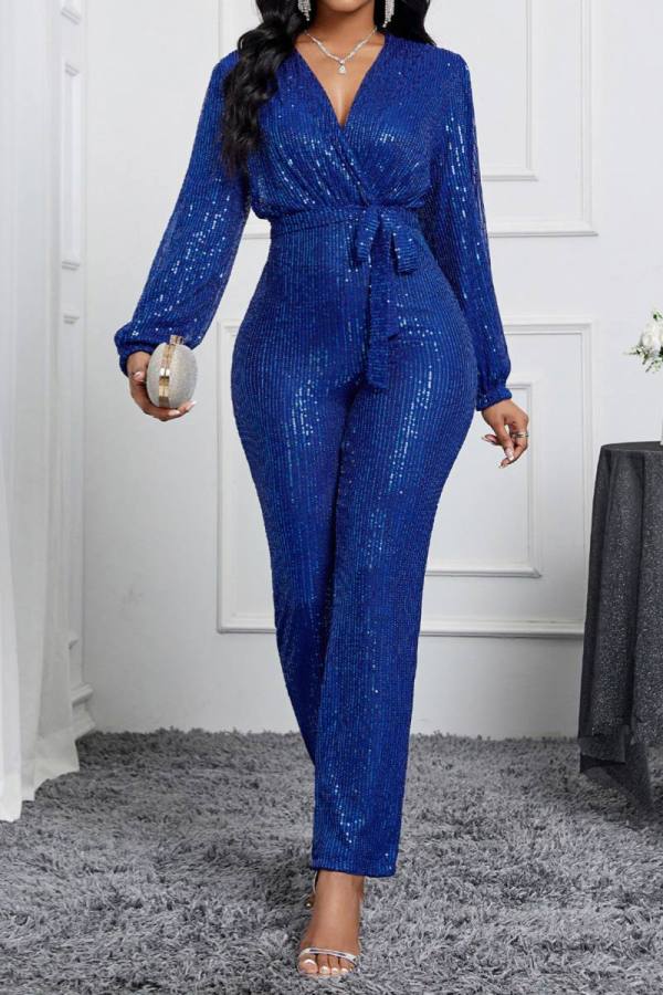 Casual Patchwork Sequins V Neck Skinny Jumpsuits